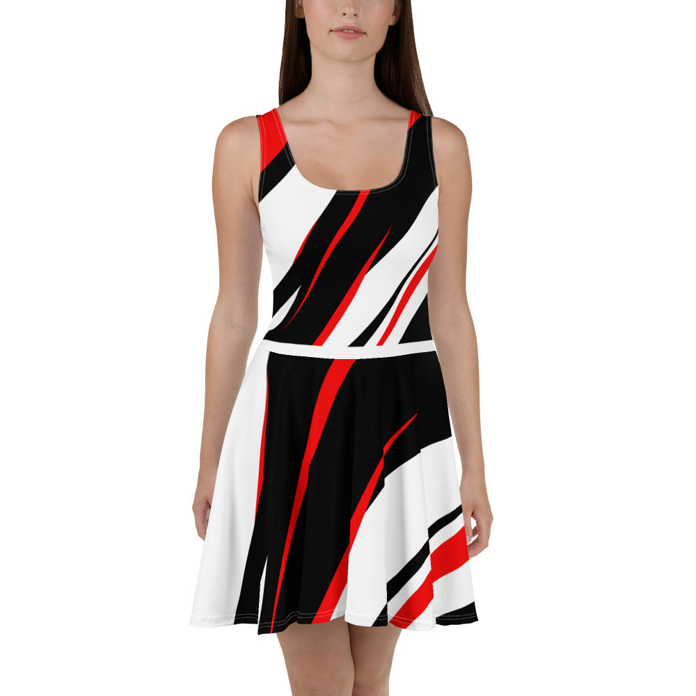 skater-dress-all-over-print-front-view-black-white-red-accents-abstract-print
